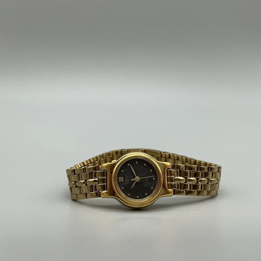 Seiko V401-0511 Womens Watch 19mm Black Dial Gold Tone New Battery 6.75